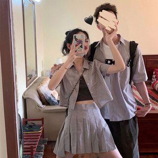 Couple Matching Elbow-sleeve Plaid Shirt / Pleated Skirt