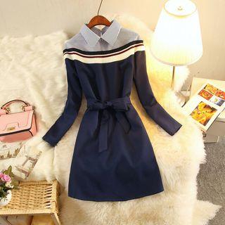 Tie Waist Striped Panel Long-sleeve Dress