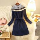 Tie Waist Striped Panel Long-sleeve Dress