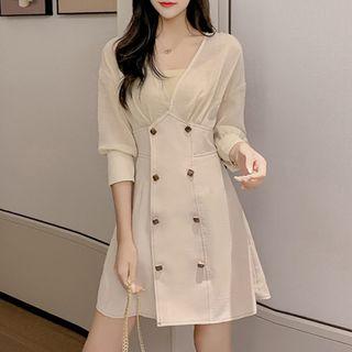 Double-breasted 3/4-sleeve Mini A-line Dress