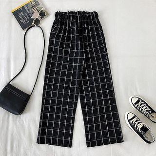 Color-block Plaid High-waist Pants Black - One Size