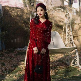Long-sleeve Glittered Midi A-line Velvet Dress
