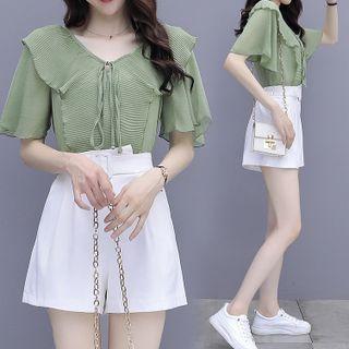 Set: Puff-sleeve Blouse + Buckle Shorts