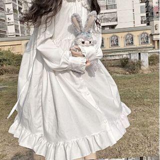 Long-sleeve Ruffle Trim A-line Dress 450 - White - One Size