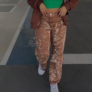 High Waist Washed Printed Jeans