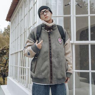 Fleece Collar Logo Patch Zip Jacket