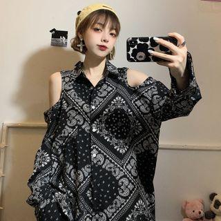 Long-sleeve Printed Cold Shoulder Shirt