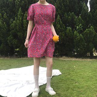 Flower Print Short-sleeve A-line Dress Rose Pink - One Size