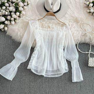 Off-shoulder Smocked Chiffon Blouse White - One Size