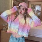 Cable-knit Cropped Cardigan Pink & Yellow & Purple - One Size