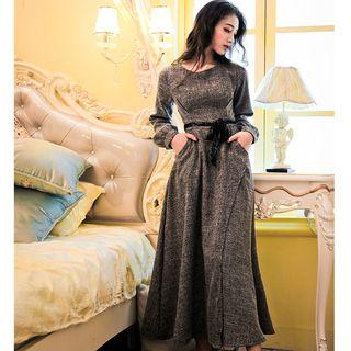 Long-sleeve Sashed A-line Maxi Dress