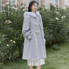 Fluffy Trim Hooded Toggle Midi Coat