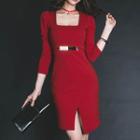 Long-sleeve Square Neck Sheath Dress