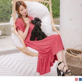 Frilled Trim V-neck Midi Dress