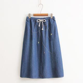 Embroidered Drawstring Midi Denim Skirt