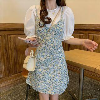 Plain Puff Short Sleeve Shirt/ Floral Print Strappy Dress