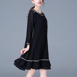 Contrast Trim 3/4-sleeve A-line Dress