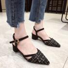 Pointy Tweed Chunky Heel Ankle Strap Sandals