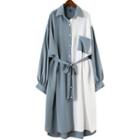 Long-sleeve Two-tone Midi Shirt Dress