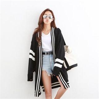 Long-sleeve Contrast-trim Open-front Long Cardigan