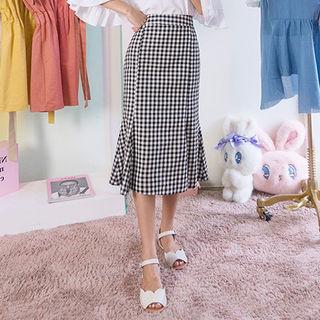 Band-waist Ruffle-hem Gingham Midi Skirt