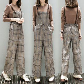 Set: Plain Long-sleeve Top + Plaid Dungaree