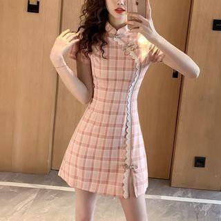 Short-sleeve Check Lace-trim Dress