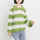 Striped Collared Long-sleeve Knit Top Stripe - Green & White - One Size