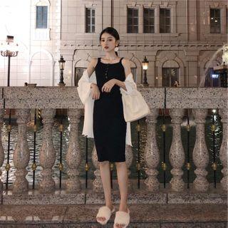 Spaghetti Strap Ribbed Midi Knit Dress Black - One Size