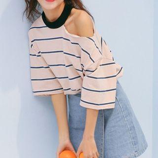 Off Shoulder Striped Elbow-sleeve T-shirt