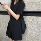 Long-sleeve Pleated A-line Dress Black - One Size
