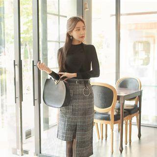 Set: Mock-neck Knit Top + Check Skirt With Belt