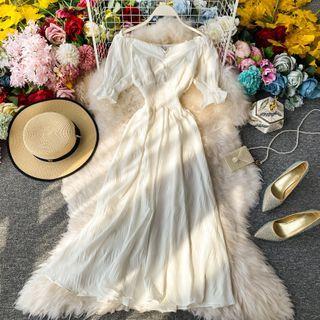 Plain Off-shoulder Slim-fit Midi Dress