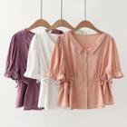 Short-sleeve Drawstring Buttoned Blouse