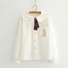 Bear Embroidered Collared Long-sleeve Shirt White - One Size