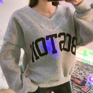 V-neck Lettering Brushed-fleece Pullover