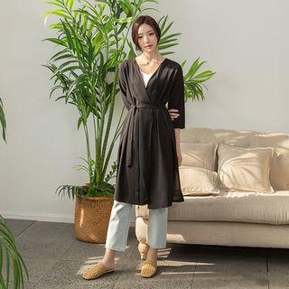 Elbow-sleeve Slit-side Long Robe Cardigan