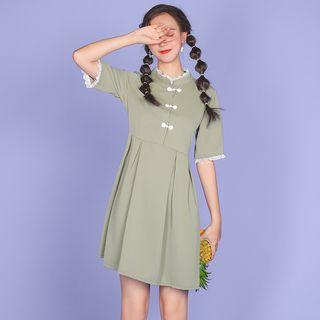 Lace Trim Frog-button Stand Collar Short-sleeve Dress