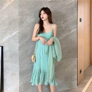 Spaghetti Strap Crinkled Chiffon Midi Dress / Long-sleeve Knit Top