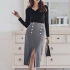 Set: V-neck Long-sleeve Top + Buttoned Midi H-line Skirt