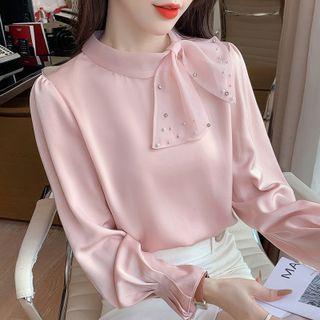 Long-sleeve Embellished Bow-neck Chiffon Blouse