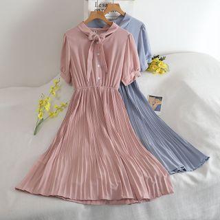 Short-sleeve Tie-neck Pleated Midi A-line Dress