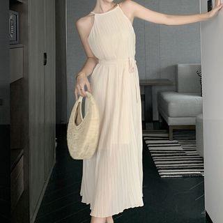 Halter Accordion Pleated Midi Dress
