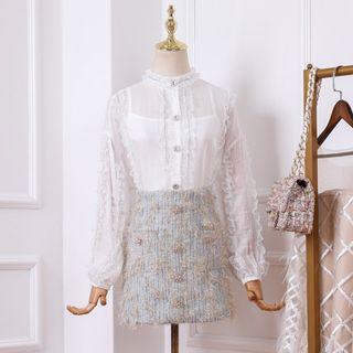 Set: Lace Trim Blouse + Buttoned Tweed Mini Skirt
