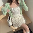 Bow-accent Tube Top / Ruffled Mini A-line Skirt / Cardigan