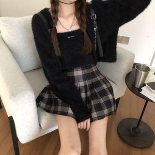 Furry Camisole Top + Cardigan + Mini Pleated Plaid Skirt