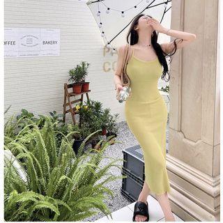 Spaghetti Strap Plain Slim-fit Dress Yellow Green - One Size