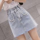 Faux Pearl Washed A-line Denim Skirt