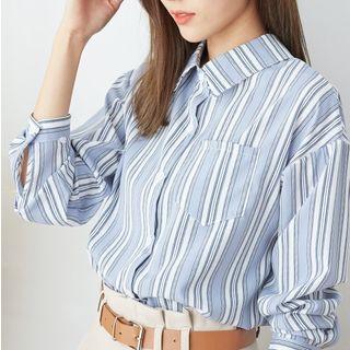 Tie-back Striped Blouse Light Blue - One Size