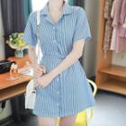 Tie-waist A-line Stripe Mini Shirtdress